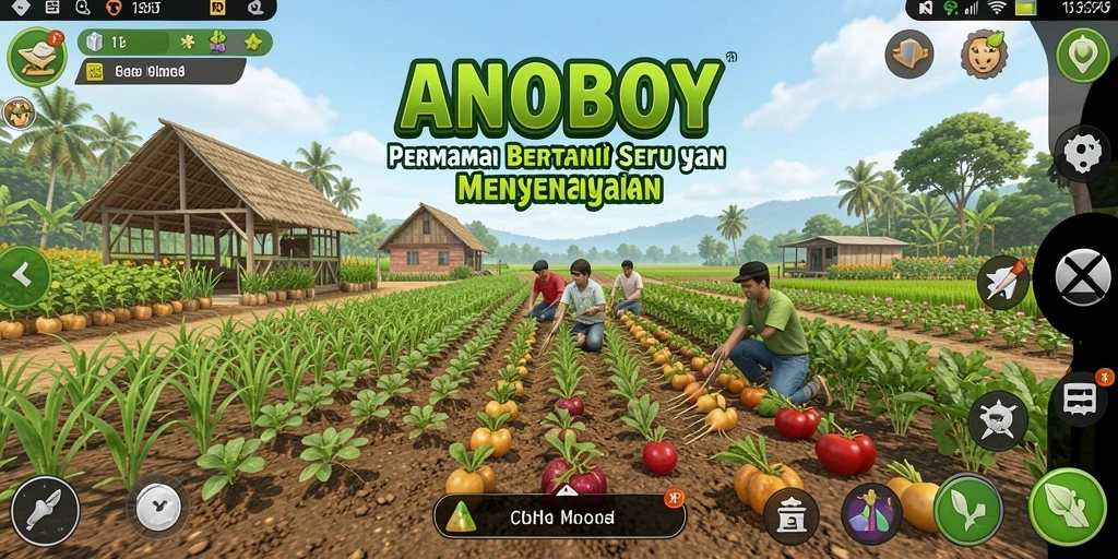 Gameplay ANOBOY yang menampilkan kebun dan hewan ternak.
