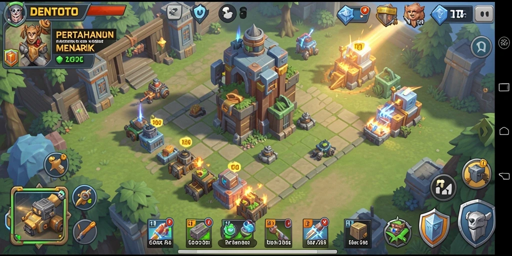 Tampilan gameplay DENTOTO dengan menara pertahanan yang strategis.
