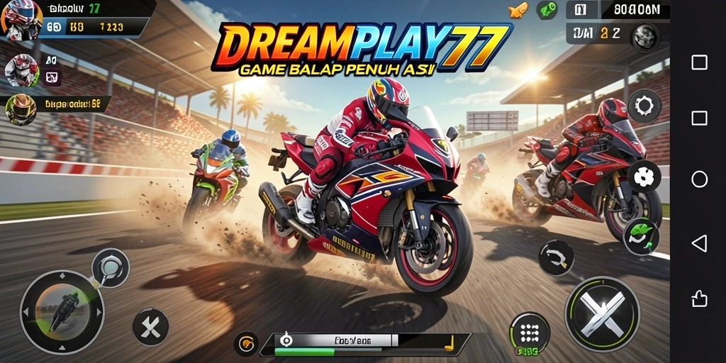 Screenshot yang menunjukkan aksi balap motor di <strong>DREAMPLAY77</strong>.