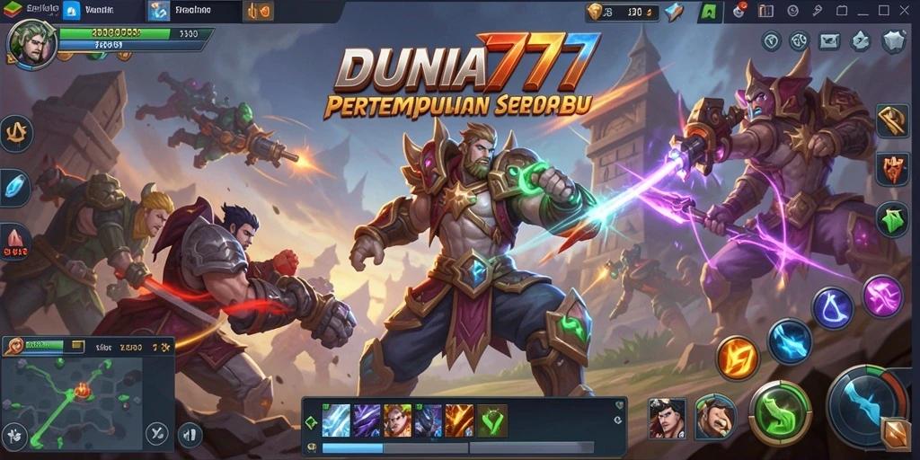 Screenshot DUNIA777 menampilkan aksi pertempuran seru dalam game MOBA.