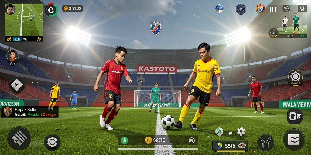 Screenshot gameplay KASTOTO yang menampilkan aksi seru di lapangan sepak bola.