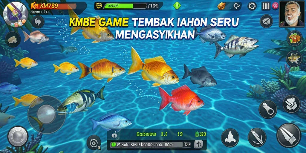 Tampilan gameplay KM789 dengan berbagai ikan yang bisa ditangkap.