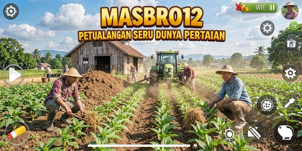 Tampilan screenshot gameplay MASBRO12 yang menarik dengan pertanian yang subur.