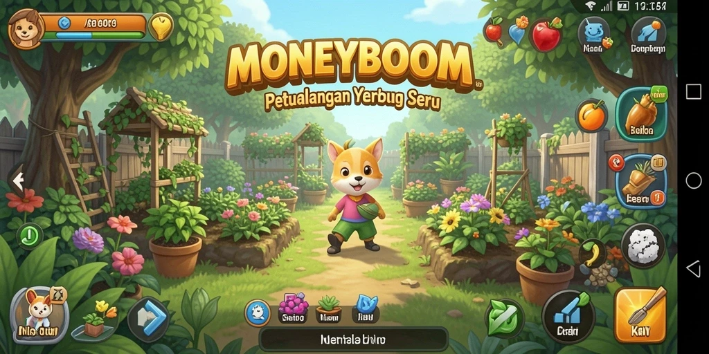 Screenshot gameplay MONEYBOOM dengan kebun yang indah dan tanaman berwarna-warni.
